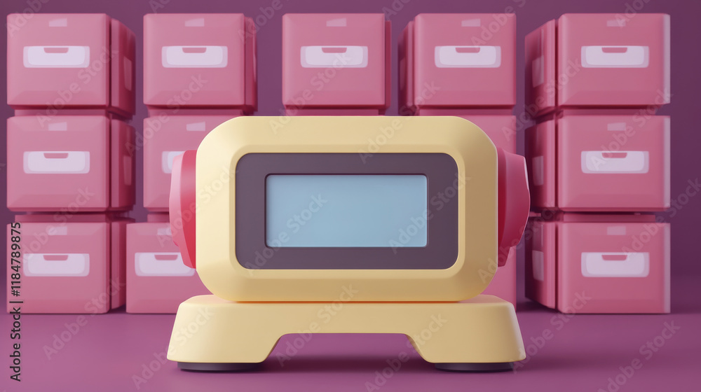 Aufkleber a colorful retro gadget stands in front of pink storage boxes, creating a playful and nostalgic atmo