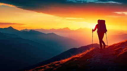 vibrant shot of hiker silhouetted against mountain backdrop standing on ridge under glowing sunset