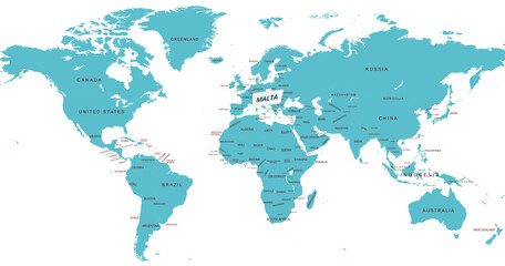 World Map Highlighting Country of Malta With Geographic Details