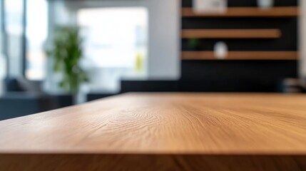 Inviting wooden dining table highlighted in a contemporary living room, featuring a soft blurred background that enhances the stylish interior design
