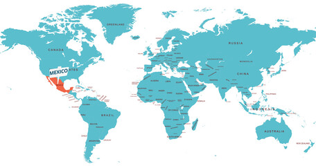 World Map Highlighting Country of Mexico With Geographic Details