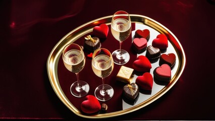 Luxurious flat lay with champagne, chocolates, and red hearts on a velvet surface, dramatic shadows
