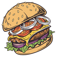 Colorful Hand-Drawn Burgers: Detailed Cartoon Style Illustrations with Juicy Ingredients and Vibrant Colors