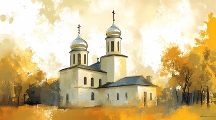 Orthodox cathedral with stunning domes and classic design, radiating spiritual calmness, providing an artistic book illustration aesthetic