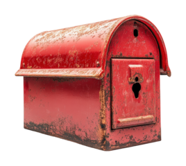 Rusty red mailbox on high fidelity environment close-up view for unique isolated on transparent background png
