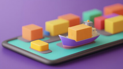 Obraz premium A colorful representation of a cargo ship surrounded by shipping containers, set against a vibrant purple background.