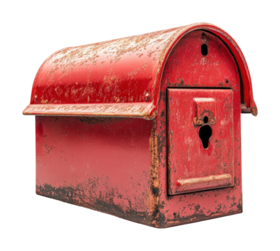Rusty red mailbox on high fidelity environment close-up view for unique isolated on transparent background png