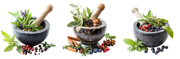 Set of A close-up shot of a rustic mortar filled with ground spices on transparent png background