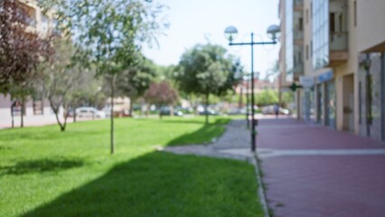 Blurred image of an outdoor scene with green grass, trees, a sidewalk, buildings, and street lamps, captured in defocused, bokeh style.