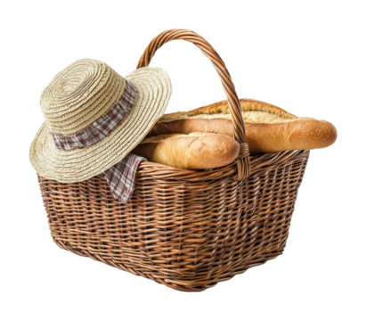 Picnic basket with baguette and hat outdoor setting still life natural environment close-up view relaxation concept isolated on transparent background png