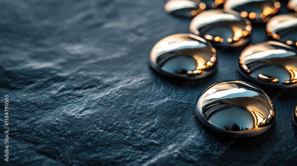 Poster bold shot of metallic droplets reflecting soft light placed on smooth dark surface for maximum contr