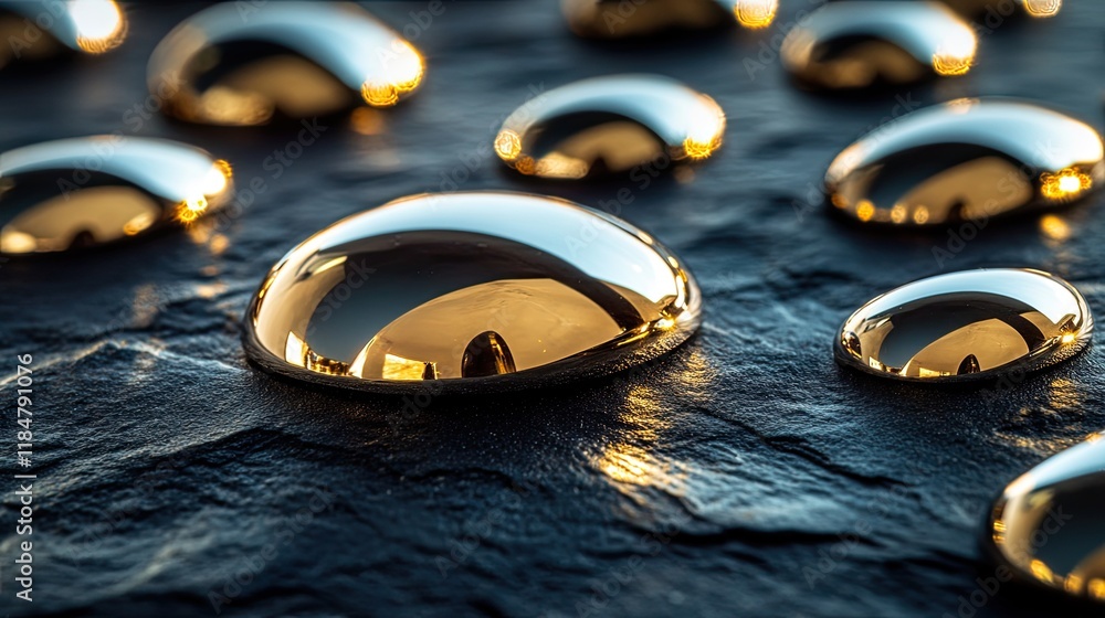 Poster bold shot of metallic droplets reflecting soft light placed on smooth dark surface for maximum contr