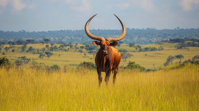 Ankole-Watusi Bull Standing in a Savanna Grassland