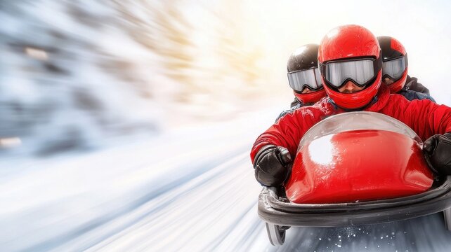 Dynamic sports action bobsled team racing in winter wonderland high-speed photography thrilling environment
