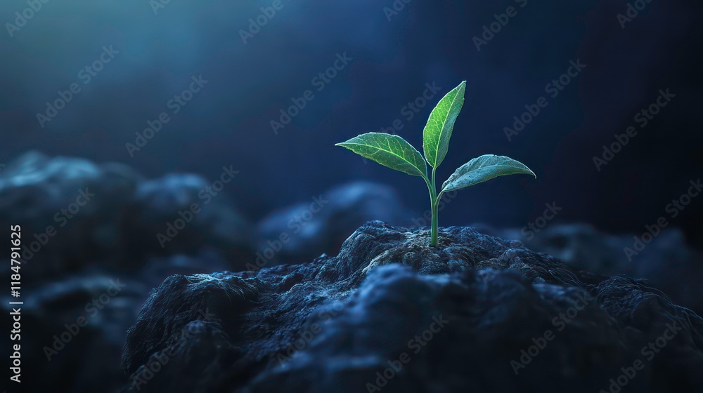 Aufkleber a small sprout emerges from dark soil, illuminated by a soft light.