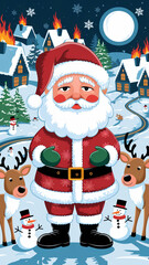 illustration of Santa Claus in a camouflage suit. Santa has a sad face, he is surrounded by snowflakes, snowmen and reindeer on the sides. The inscription "2026" In the background is a snowy landscape