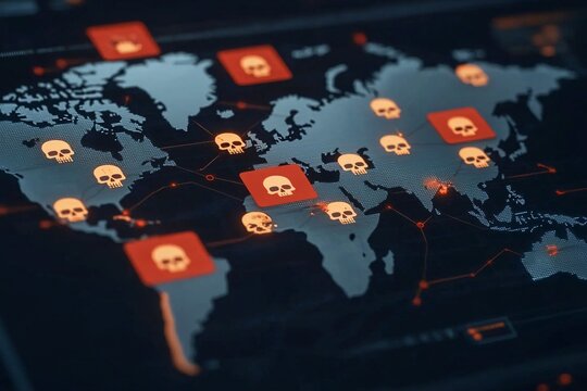 Cyber threats mapping global overview infographic digital environment dark conceptual visualization - Powered by Adobe
