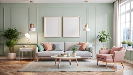 Mockup poster in modern living room interior background, 3D render, white Mock up frame