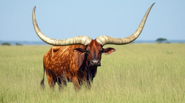 Ankole-Watusi Cow With Striking Horns In a Grassy Field