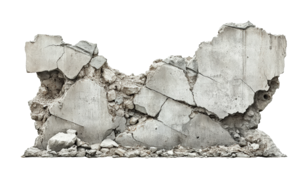 Destruction of concrete fragments abandoned site high fidelity imagery urban environment close-up view architectural concept isolated on transparent background png