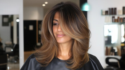 Woman with layered brown hair and balayage coloring in salon cape. Hair styling and beauty advertisement