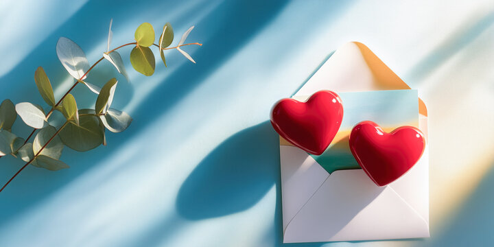 Romantic love letter floral stationary valentines day, eucalyptus flower, cyan yellow background, wedding party, engagement invite, anniversary celebration, reception, two red hearts, white envelope