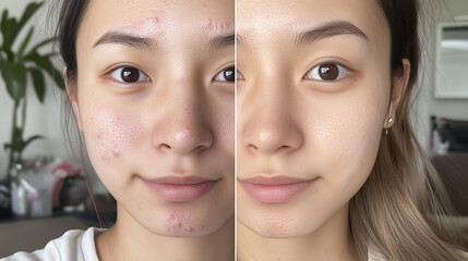 Fototapeta premium Before and after acne skin treatment comparison on asian woman. Skincare advertisement