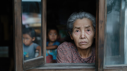 Senior asian woman looking through wooden window frame. Poverty and loneliness concept