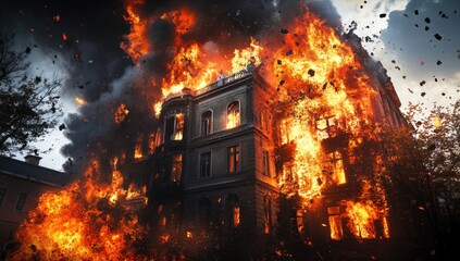A large structure is consumed by fierce flames and thick smoke, emitting bright orange and red hues against a darkening sky. Debris falls around, showcasing a scene of urgent destruction