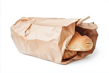 High quality closeup of grocery bag with food isolated on white background in png for cut out effect