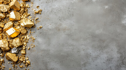 Gold nuggets on gray concrete surface with copy space. Precious metals and finance concepts