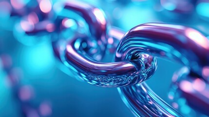 Chrome chain links, close-up, blue backdrop, security concept