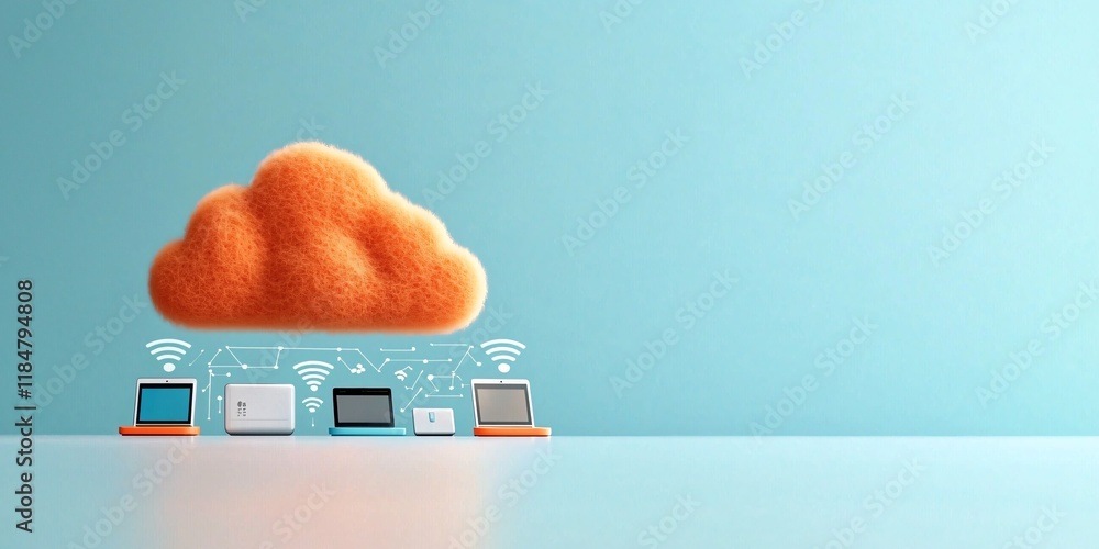 Poster cloud computing technology digital devices modern workspace minimalistic design aerial view connecti