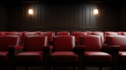 Obraz premium Rows of comfortable red theater seats are lined up in a dimly lit space, creating an inviting atmosphere for guests to enjoy films or presentations in comfort