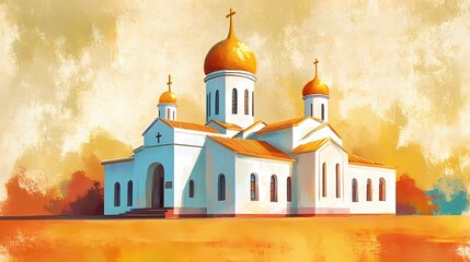 Orthodox cathedral with stunning domes and classic design, radiating spiritual calmness, providing an artistic book illustration aesthetic