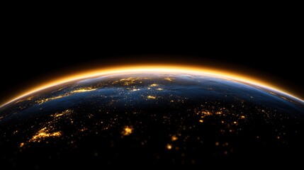 view showcases Earth at night with vibrant city lights glowing against the dark backdrop of space. curvature of the planet is visible, highlighting its beauty and complexity