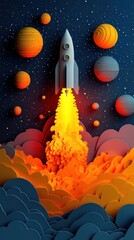 Rocket Launch Amidst Colorful Planets in Space - A Vibrant Illustration for Educational or Inspirational Use