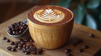 Latte art in a cup with coffee beans on wooden surface.