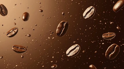 Obraz premium Roasted coffee beans falling on brown background.