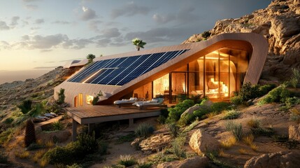 Obraz premium Desert cliffside home; solar panels, deck, plants.