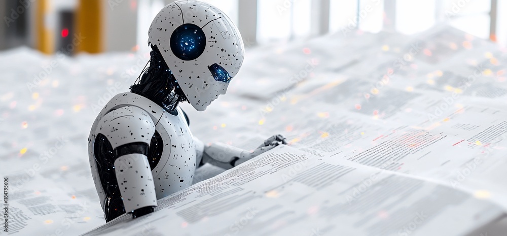 Poster robot examining large documents.