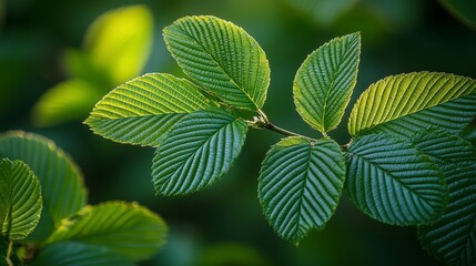 Fototapeta na wymiar Close-up of vibrant green leaves on a branch, illuminated by sunlight.