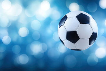 Naklejka premium Soccer ball suspended in mid-air with blurred blue background