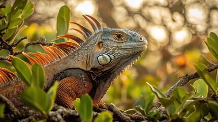 Obraz premium Green Iguana basking in the sun's warmth