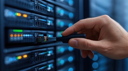 Fototapeta premium hand reaches to connect a fiber optic cable to a server rack in a data center filled with illuminated equipment. atmosphere is technical and operational, showcasing connectivity