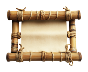 Traditional bamboo scroll displayed with wooden rods studio setting high fidelity artistic presentation top-down view isolated on transparent background png