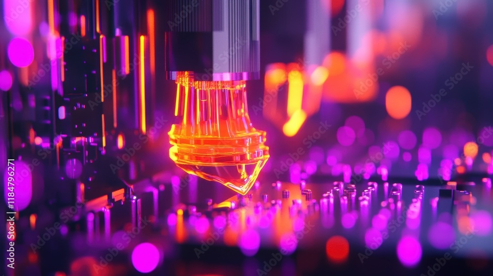 Poster futuristic manufacturing machine constructing an object layer by layer with laser precision in a neo