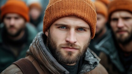 group of men in orange beanies stands together in a chilly environment. Their serious expressions reflect dedication to their task as they prepare for outdoor work amidst a rugged backdrop