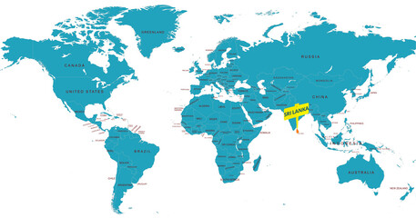 World Map Highlighting Country of Sri Lanka With Geographic Details