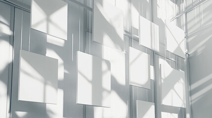 Obraz premium Blank canvas artwork frame mockup, blank poster hanging, floating up in art gallery ceiling space, miminalistic modern art exhibition atmosphere, curated display for creative artwork background